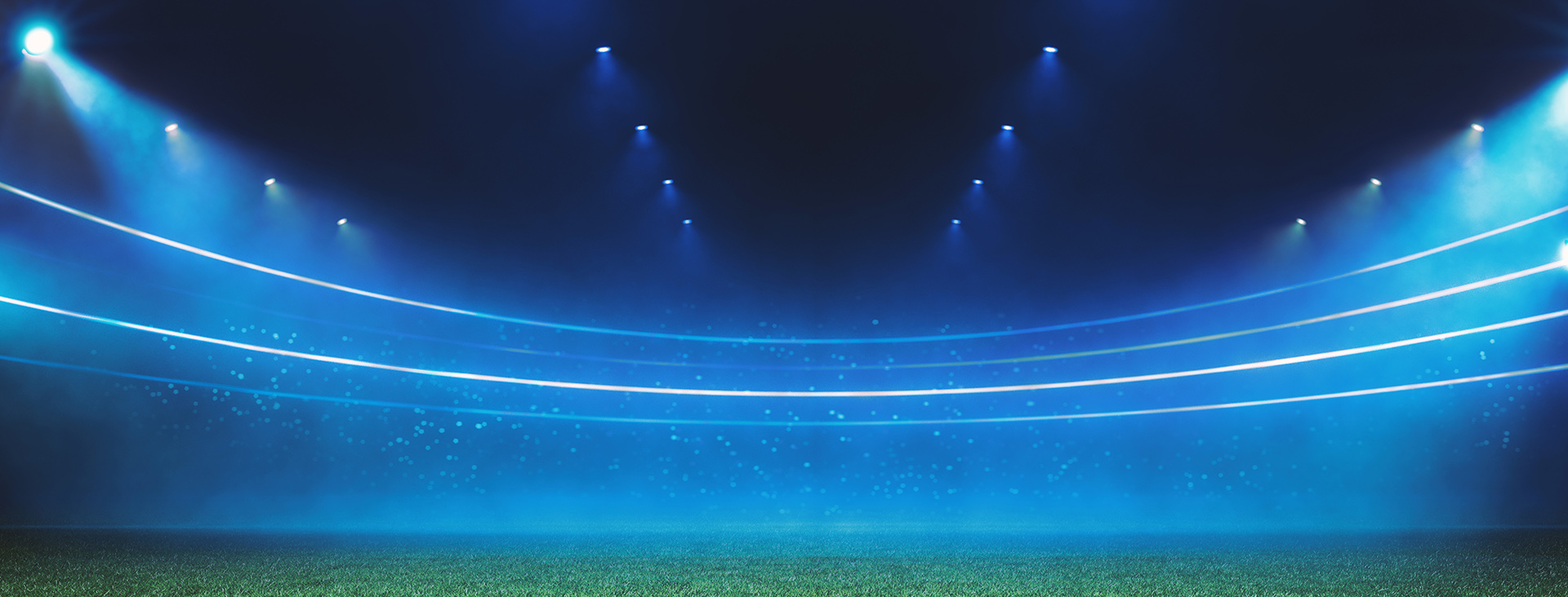 Digital Football stadium view illuminated by blue spotlights and empty green grass field. Sport theme digital 3D background advertisement illustration design template